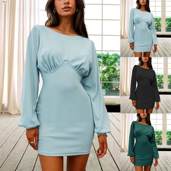 

casual dresses winter knitted slim dress stretchy cotton long sleeve o neck autumn woman fashion solid bodycon pullover, Black;gray