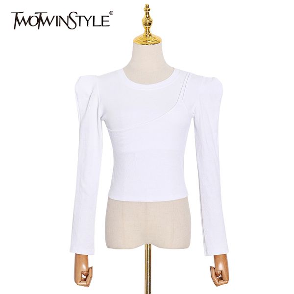 

twotwinstyle fake two casual t shirt o neck long sleeve minimalist slim t shirts female fashion clothing autumn 210517, White