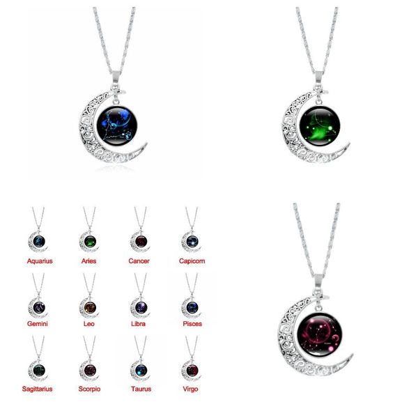 

chains 12 constellation crescent moon necklace zodiac sign glass fashion jewelry pendant aries gemini cancer leo women birthday gift, Silver