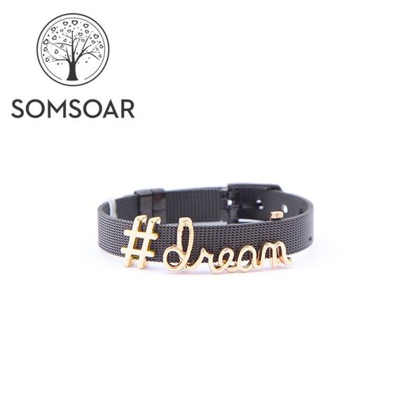 

tennis somsoar jewelry stainless steel black mesh dream bracelet set with gold color charms oem bangle for men, Golden;silver