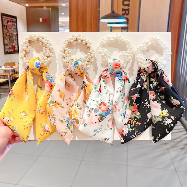 

hair accessories pearl ties women fashion ribbon hairband scrunchies girls ponytail holders bow rubber band headwear