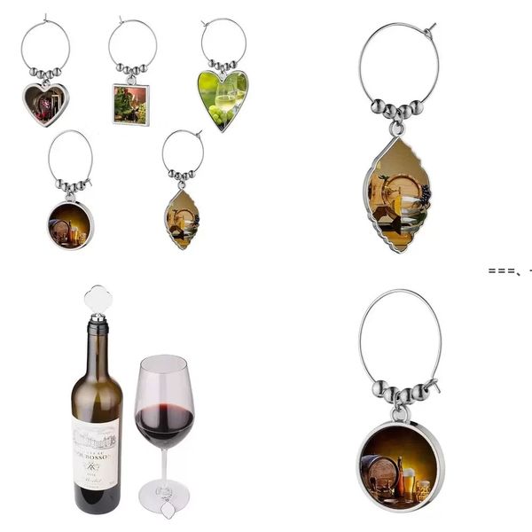 NOVITÀ Lega personalizzata Charms per bicchiere di vino Indicatore Calice ID Tag cerchio Anelli per tazze per feste Disegni di sublimazione in bianco fai da te Tazza per degustazione di vini RRA10650