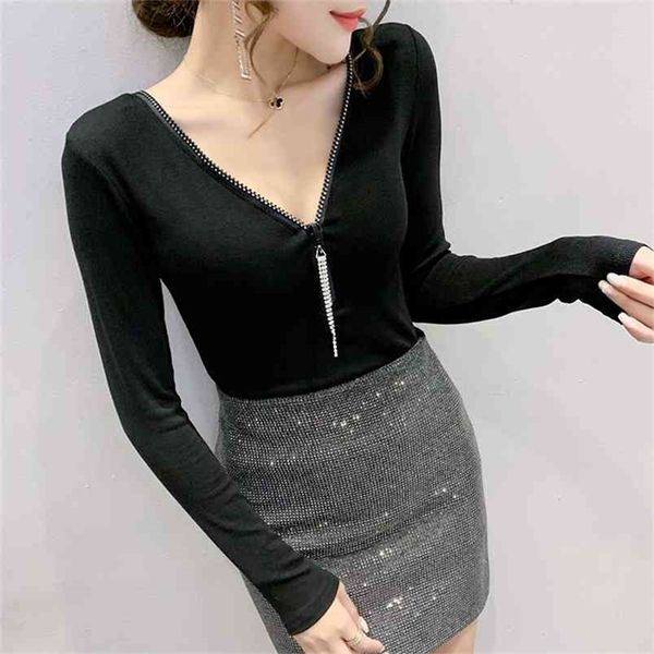 

wwenn long sleeve tee shirt white t shirt women clothes diamond zipper cotton korean female t-shirt gray black 210507