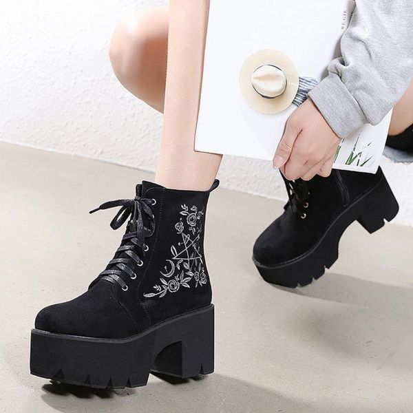 

boots shoes on platform demonia chunky punk suede leather womens gothic lace up black zipper fashion flower