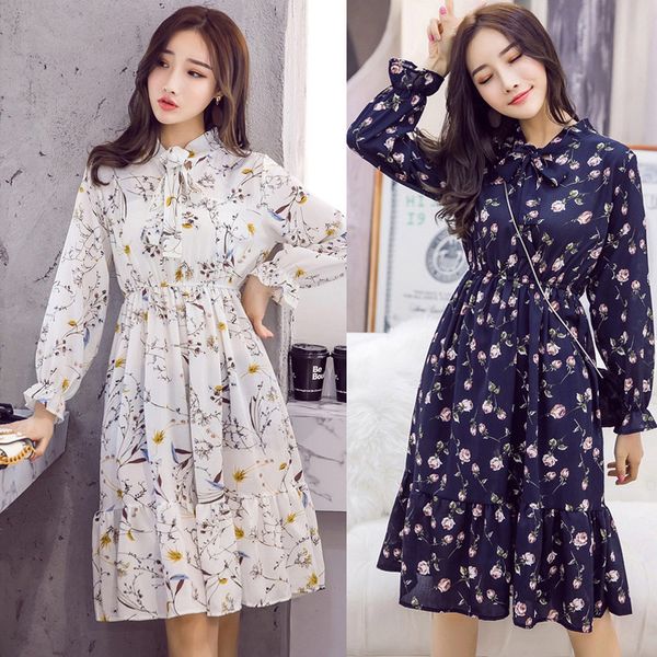 

spring autumn women's chiffon dresses stand neck with bow floral print ruffles vintage long sleeve elegant cute dress robe 210520, Black;gray