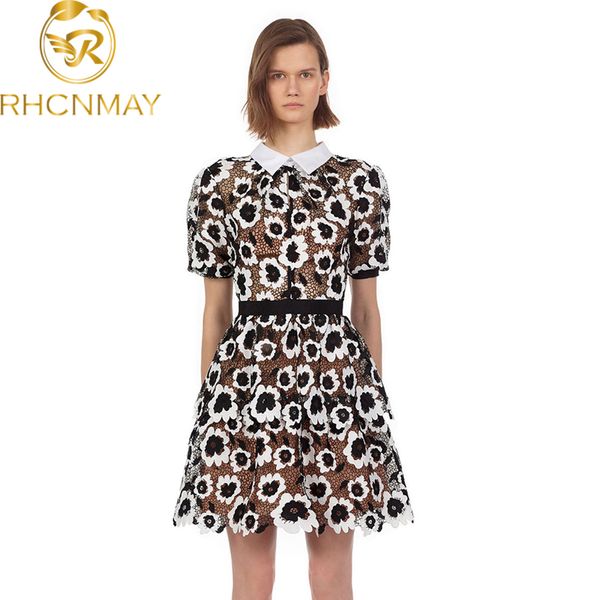 

self portrait runway women lace dress summer vintage short sleeve lapel slim embroidery flower hollow a-line dresses 210520, Black;gray