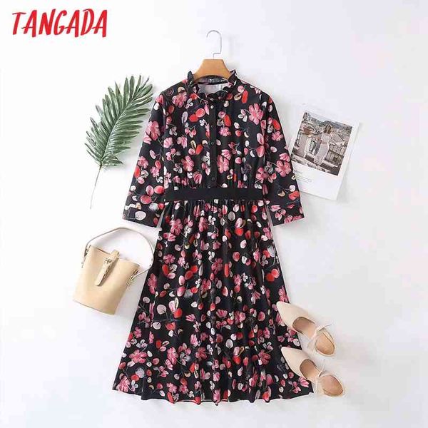 

spring fashion women flowers print ruffles neck tunic long sleeve casual female work dress me22 210416, Black;gray
