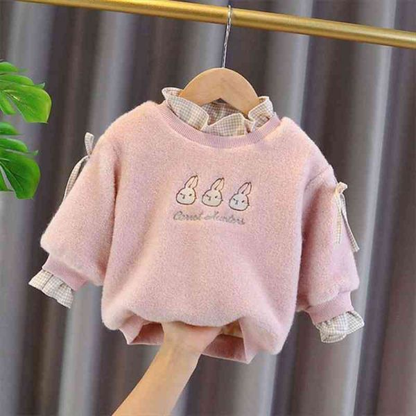 

spring winter girl casual sweater childrens knitted woolen kids cute bunny warm thicken bowknot long sleeve plus velvet, Blue