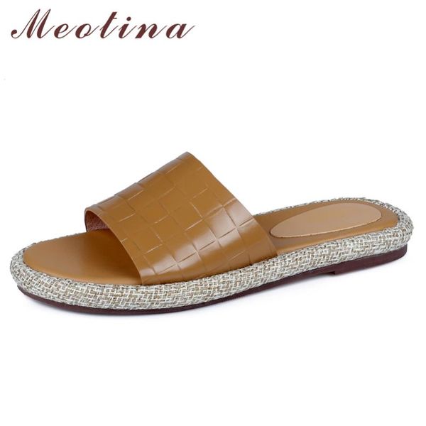 

sandals meotina women slippers shoes genuine leather espadrille slides flat square toe ladies footwear summer brown fashion 40, Black