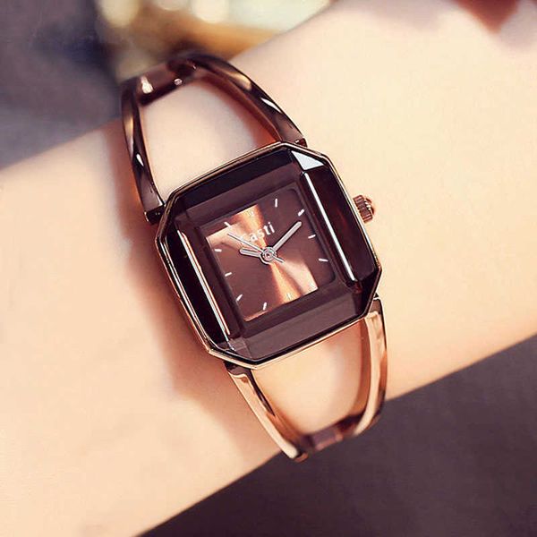 

square fashion skeleton bracelet rose gold watches luxury brand ladies watch women female quartz-watch wristwatches 220105, Slivery;brown
