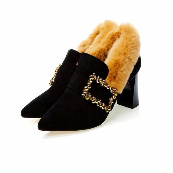 

boots crystal buckle strap fur elegant mature ladies suede leather shallow shoes women, Black