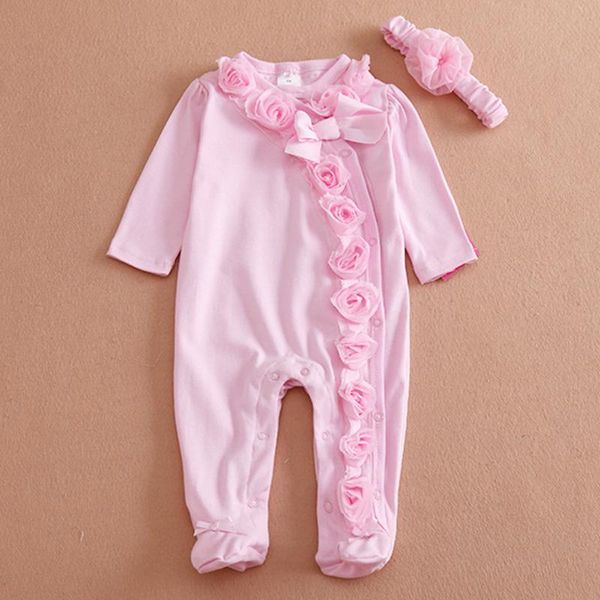 

footies girl solid color bowknot baby romper set lace flower comfortable lightweight breathable daily wear casual with headband cute, Blue