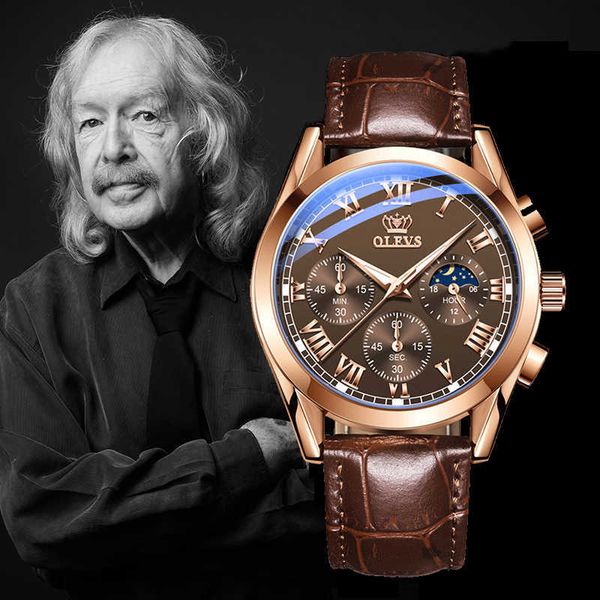 

olevs watch men luxury brand multifunctional sport timing genuine leather waterproof luminous es 210728, Slivery;brown