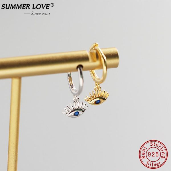 

hoop & huggie summer love 925 sterling silver evil blue eye earrings for women geometric sliver gold jewelry party gifts pendientes mujer, Golden;silver