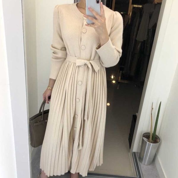 

autumn winter office lady solid long sleeve knitting dress with belt elegant women o-neck button pleated 210526, Black;gray