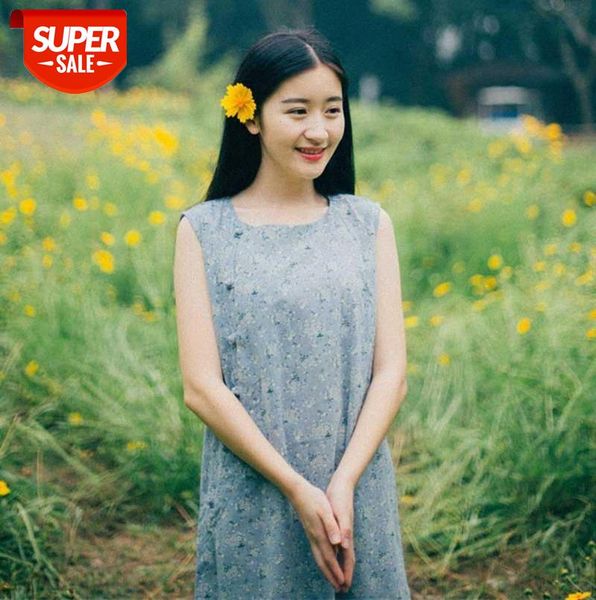 

2-0100 retro literary summer ladies disc buckle oblique placket floral vest dress sleeveless cotton and linen #dq0x, Black;gray