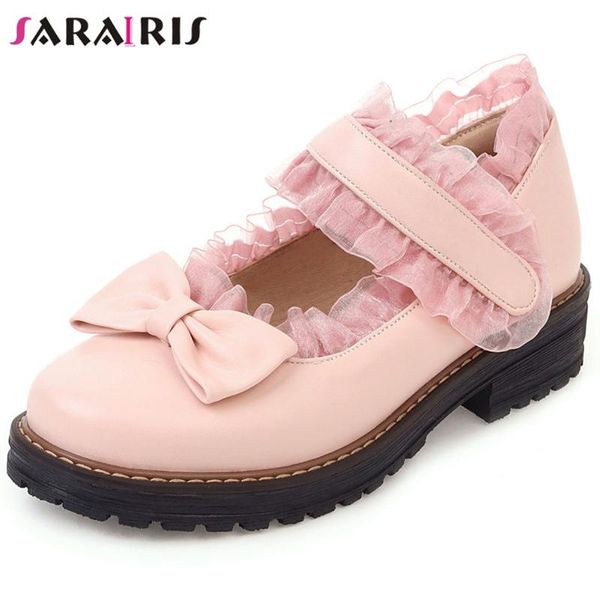 

dress shoes sarairis fashion party casual female round toe sewing lace chunky heel pumps 2021 hook loop women woman, Black