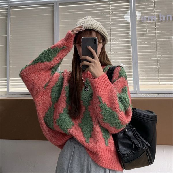 

autumn winter contrast color diamond plaid o neck pullover sweater women casual oversized argyle soft waxy knit 210520, White;black