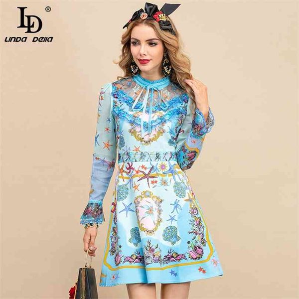 Summer Fashion Runway Dress Donna manica lunga in pizzo patchwork eleganti abiti corti con stampa blu sottomarina 210522