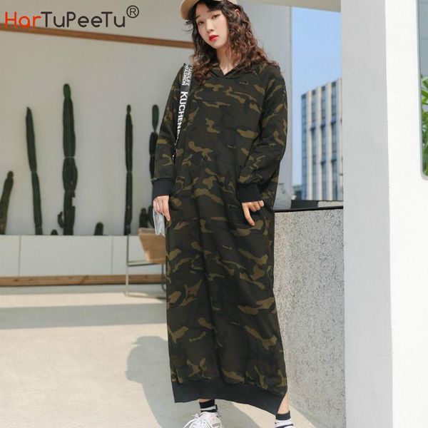 

oversized long sweatshirt dress women fleece autumn winter hoodie dresses camouflage loose front pocket split hem hooded coat women's h, Black