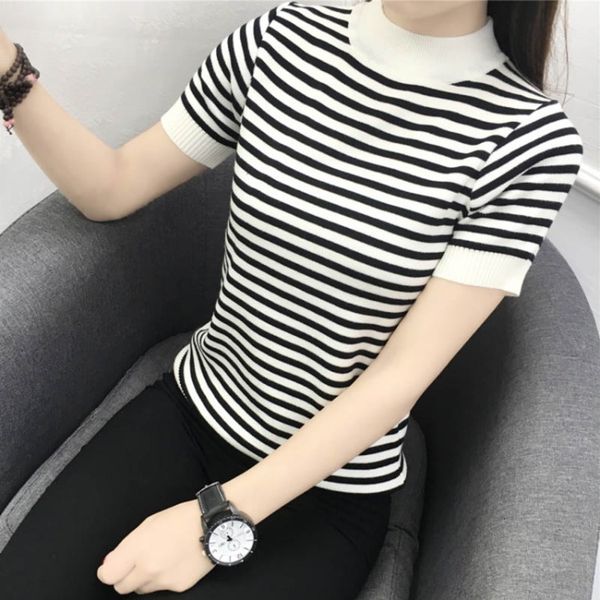 

t-shirt t-shirt 2021 summer korean slim fit short sleeve black and white half high collar striped bottomed shirt with blouse