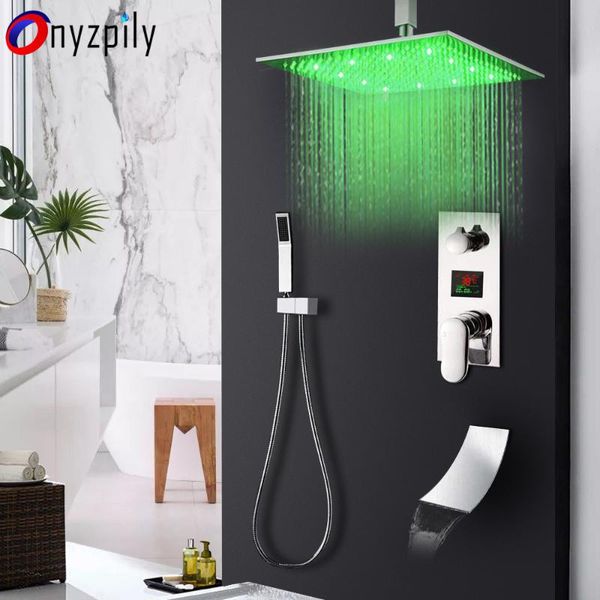 

chrome led 10''12''bathroom shower faucet set digital display rain bath system waterfall bathtub mixer tap bathroom sets