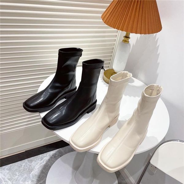 

boots monmoira round toe med heel stretch pu sock women 2021 brand design back zip ankle for, Black