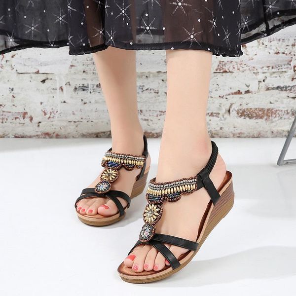 

sandals 2021 casual women wedges slip on open toe round platform bohemian summer shoes mujer zapatos, Black