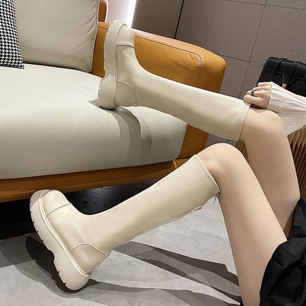 

boots slim knee high platform women shoes pu leather chunky long street style thick black beige