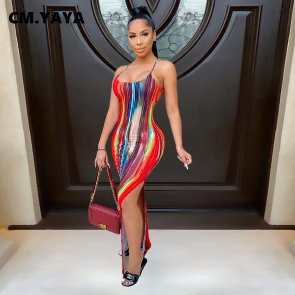 

casual dresses cm.yaya women long dress tie dye sleeveless strap backless stretchy bodycon split maxi party vestidos summer outfit, Black;gray