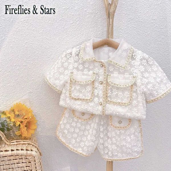 

summer girls 2 pcs set blouse + shorts kids suit children clothes fashion floral embroidery white mesh lace soft 1 to 7 yrs x0902