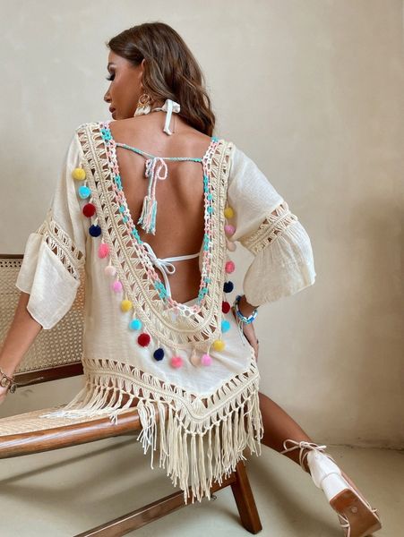 

pompom fringe tie back cover up w8dc#, White;black