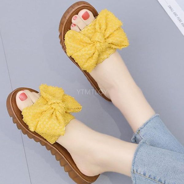 

open toe outside women summer slippers solid shallow butterfly-knot flat slides concise zapatillas mujer casa flip flop, Black