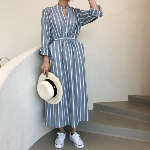 

casual dresses autumn winter v beck long sleeve striped shirt dress women korean style buttons up a line maxi uyme, Black;gray