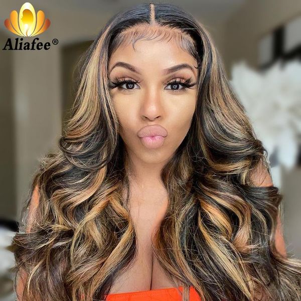 

lace wigs hightlights colored transparent 13x4 front human hair pre plucked for women remy body wave frontal, Black;brown