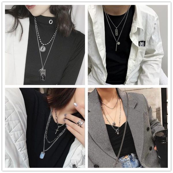 

pendant necklaces 2021 trendy metal ball coin cross multi-layer punk hip hop long chain necklace for women men jewelry gifts, Silver