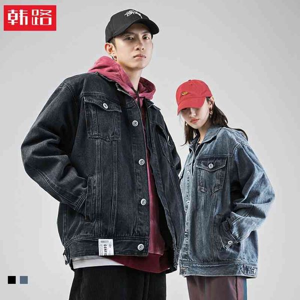 

hanlu denim jacket men's 2021 autumn winter new washed loose lapel casual coat top, Black