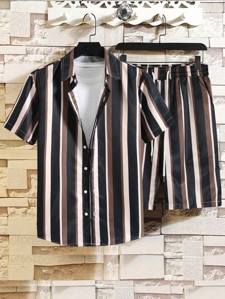 

men random block striped shirt & shorts without tee n2iv#, Gray