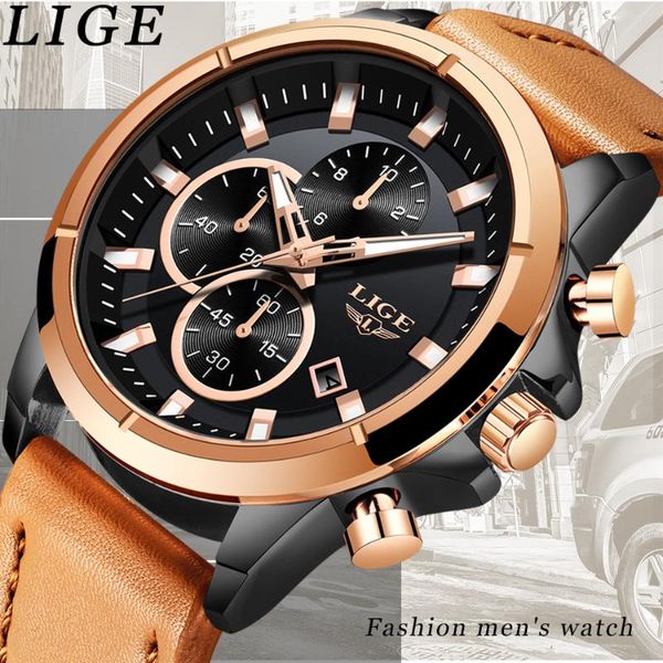 

wristwatches brand lige 9946 men's casual sports quartz waterproof chronograph clock male simple luxury business leather, Slivery;brown