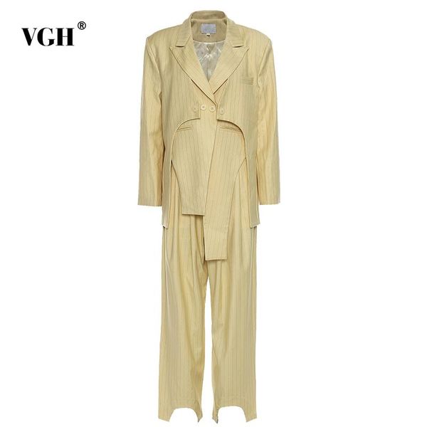 

women's two piece pants vgh elegant irregular set for women notched long sleeve high waist full length straight casual sets females, White