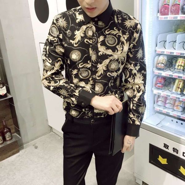 

men's casual shirts shirtspring and autumn long sleeve men's printing korean slim fit no iron floral shirt youth casual big size t, White;black