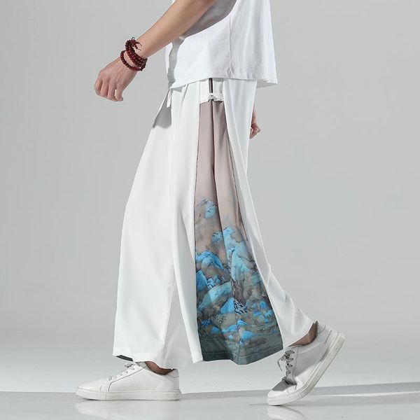 

men's wide leg summer chinese 2021 fashion brand retro fairy size straight hanfu joggers hip hop pantalon lino hombre pants, Black