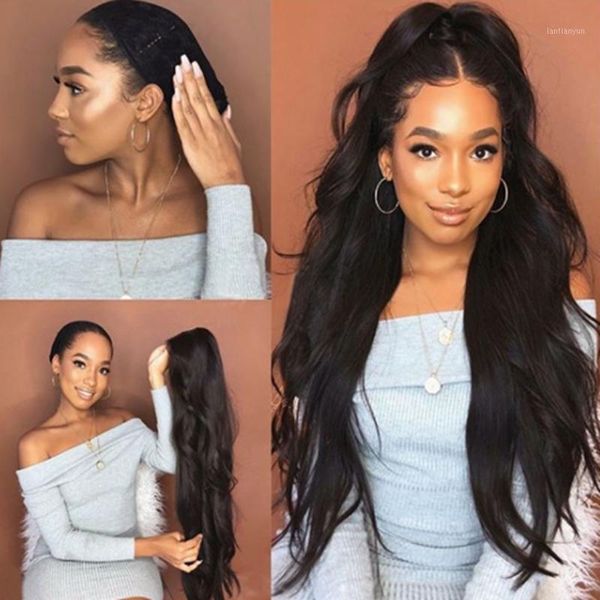 

glueless natural long body wave synthetic hair black heat resistant lace front wigs with baby middle part for women1
