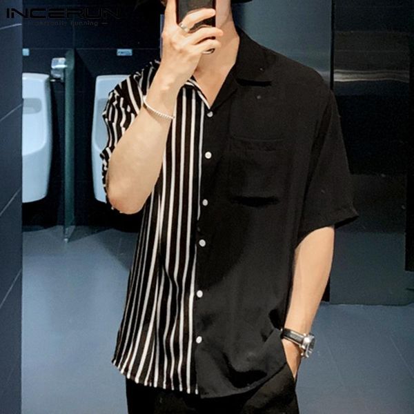 

men's casual shirts incerun summer men striped patchwork shirt brand lapel cotton short sleeve streetwear 2021 button camisa masculina, White;black