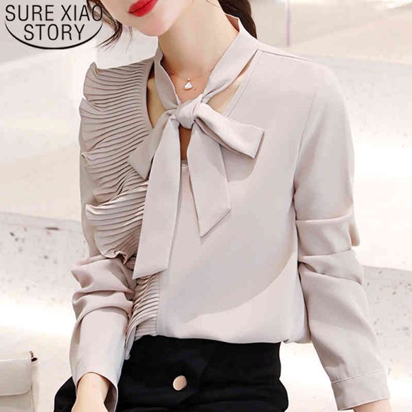 

korean fashion clothing office long sleeve chiffon solid bow ruffles blouse for women blusas shirts 7546 50 210415, White