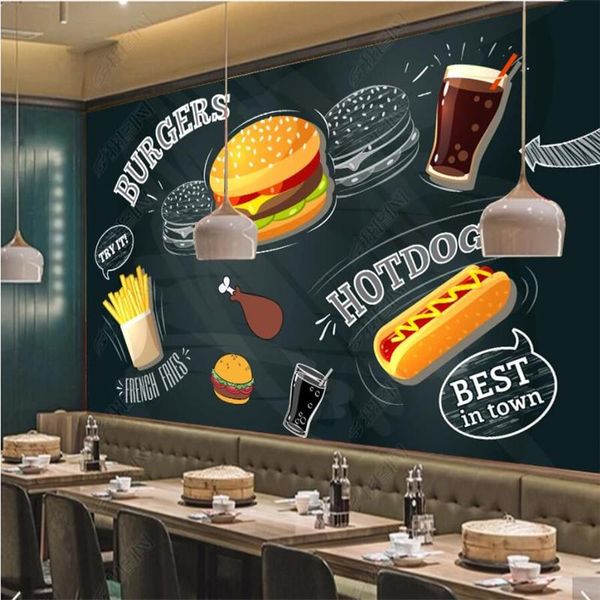 

wallpapers custom mural hand-painted burger fast food restaurant industrial decor wall paper snack bar self adhesive contact