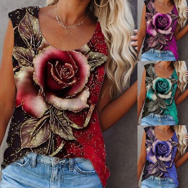 

2021 women's rose print loose vt sleevels top, White