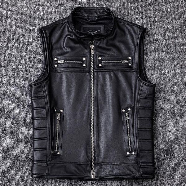

men's vests 2021 genuine cowhide leather vest motorcycle biker stand collar sleeveless jackets zipper waistcoat, Black;white
