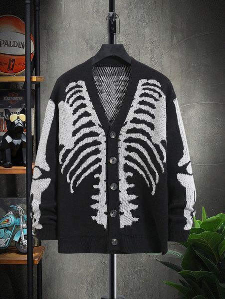 

men skeleton pattern button through cardigan p5jo#, White;black