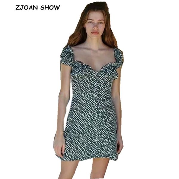 

summer retro green small flower print mini dress short sleeve square neck single-breasted button slim dresses 210429, Black;gray